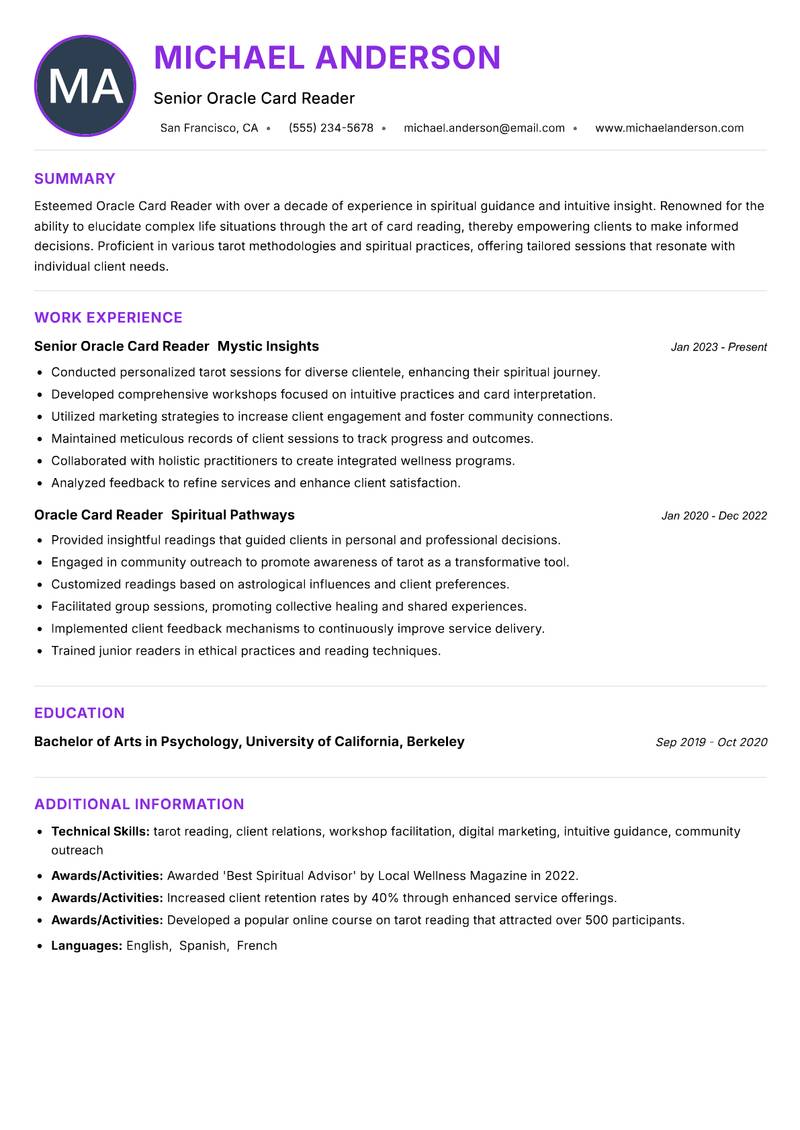 Oracle Card Reader Resume Preview Example
