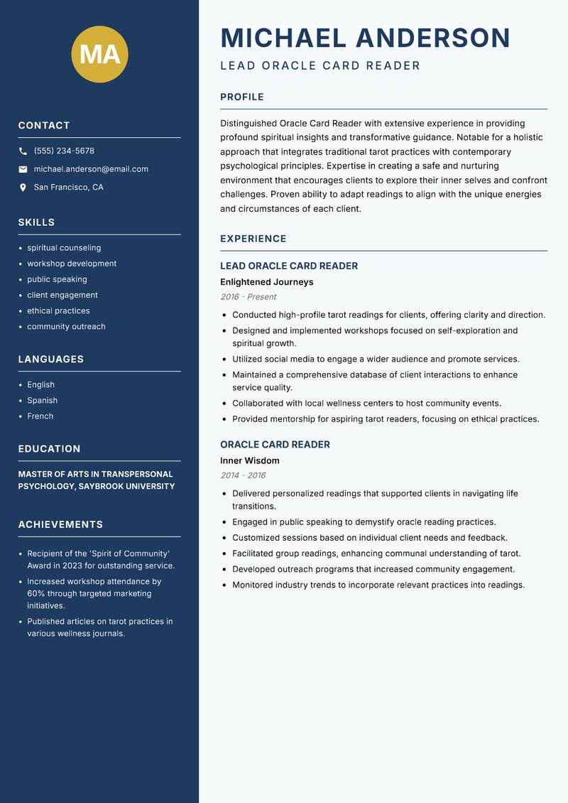 Oracle Card Reader Resume Preview Example