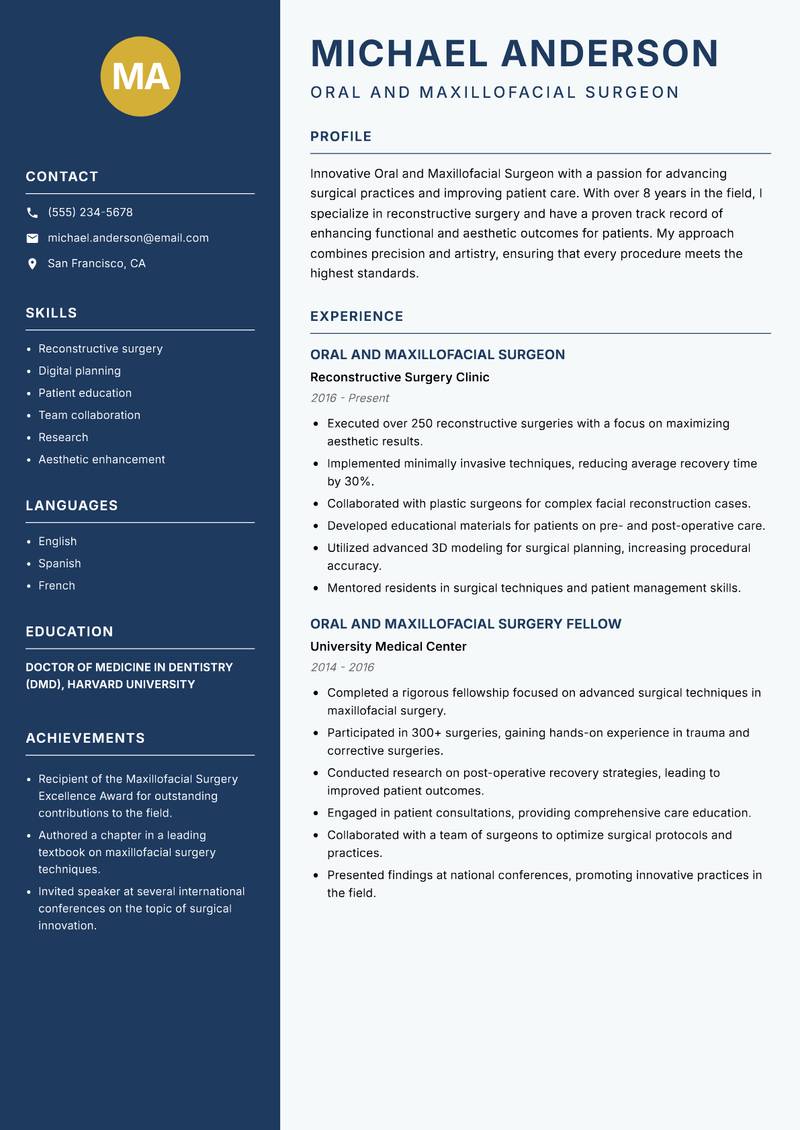 Oral and Maxillofacial Surgeon Resume Preview Example
