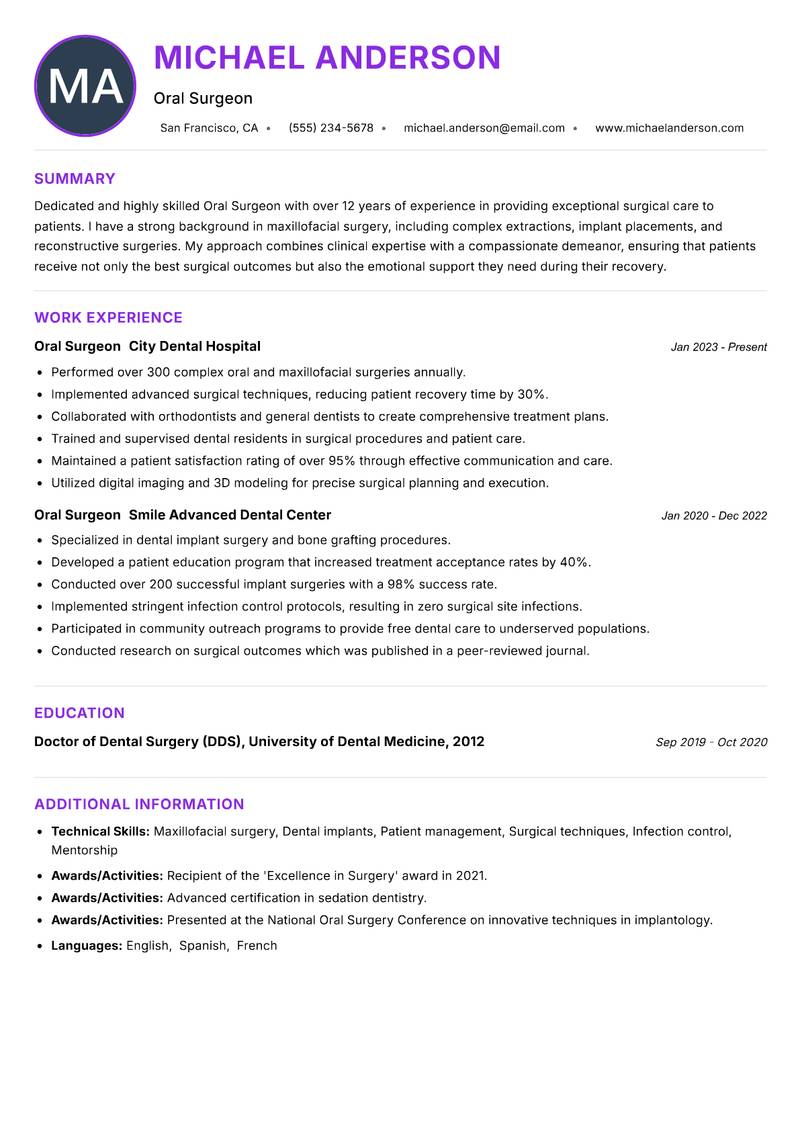 Oral Surgeon Resume Preview Example