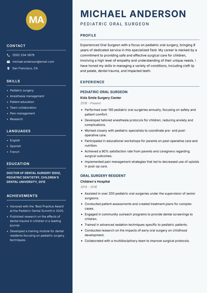 Oral Surgeon Resume Preview Example
