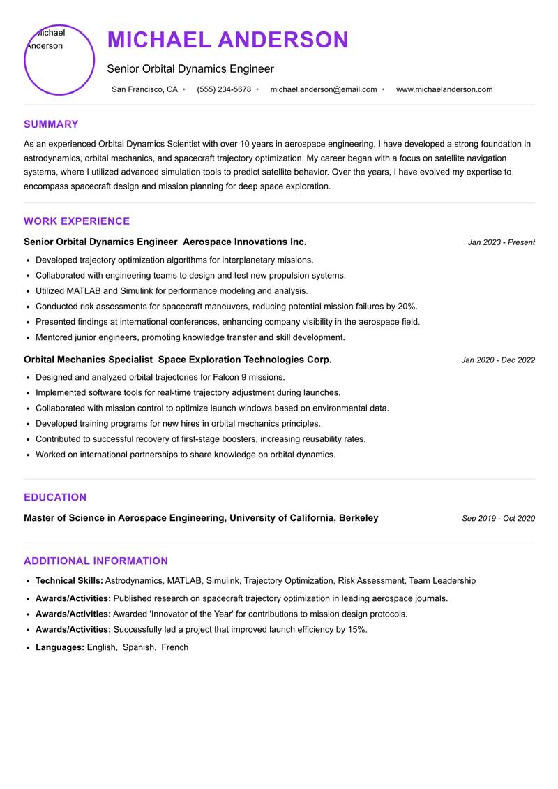Orbital Dynamics Scientist Resume Preview Example