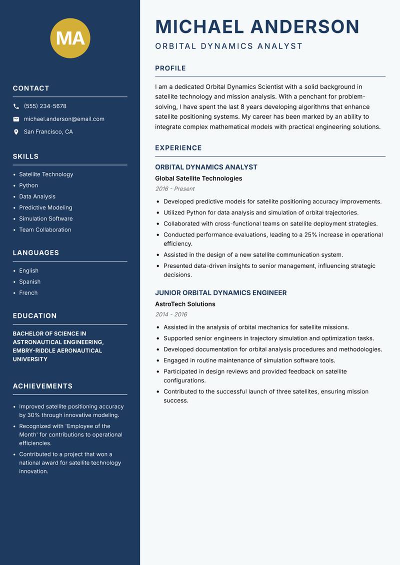 Orbital Dynamics Scientist Resume Preview Example
