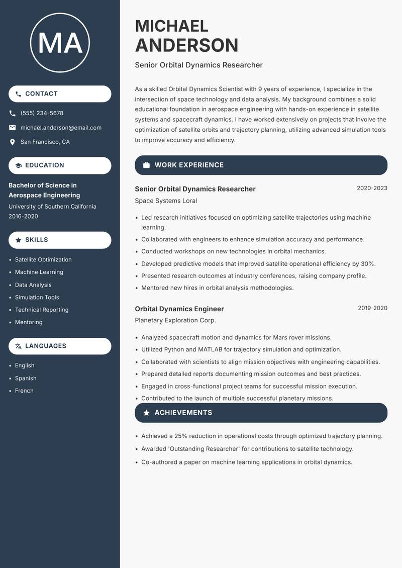 Orbital Dynamics Scientist Resume Preview Example
