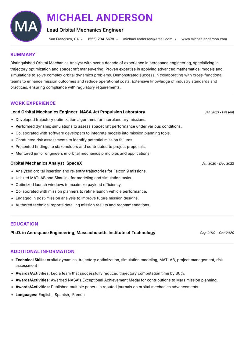 Orbital Mechanics Analyst Resume Preview Example
