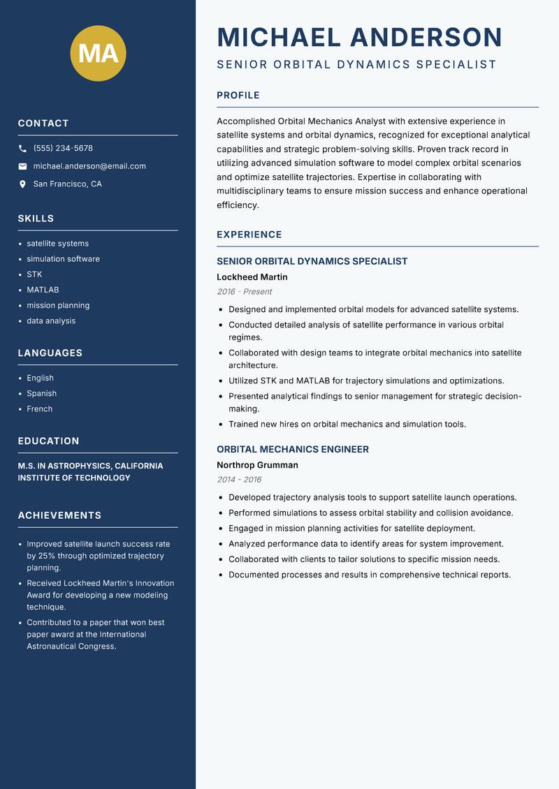 Orbital Mechanics Analyst Resume Preview Example