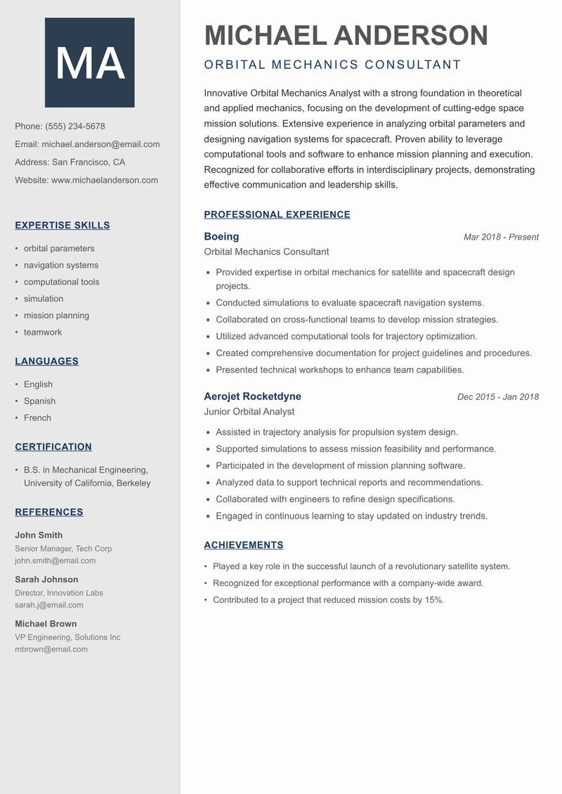 Orbital Mechanics Analyst Resume Preview Example