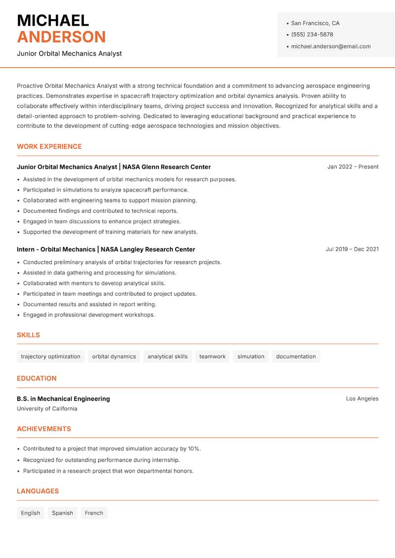 Orbital Mechanics Analyst Resume Template