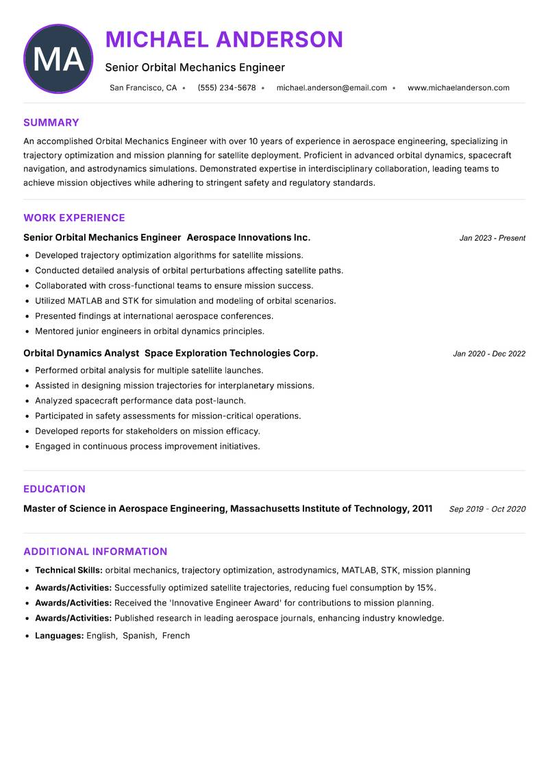 Orbital Mechanics Engineer Resume Preview Example