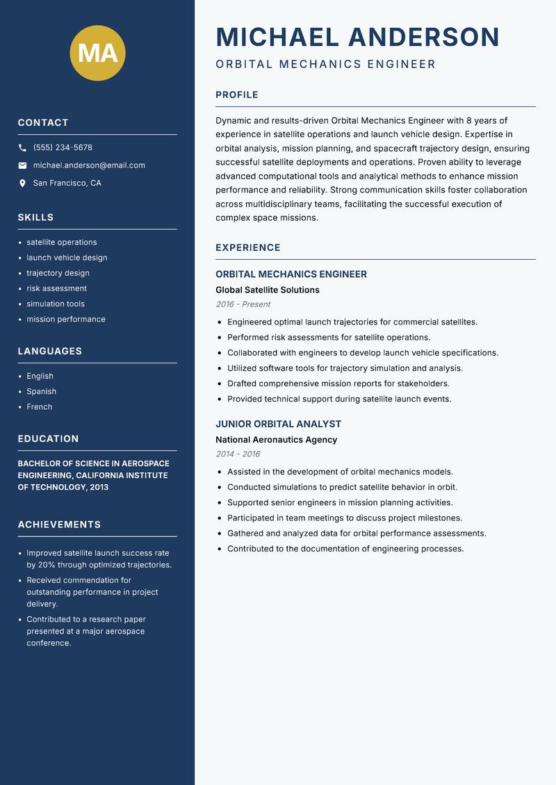Orbital Mechanics Engineer Resume Preview Example