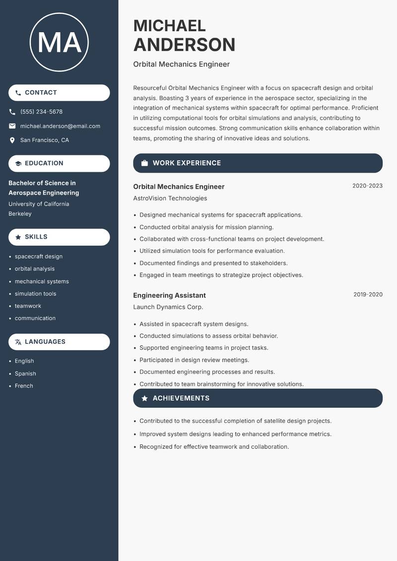 Orbital Mechanics Engineer Resume Preview Example