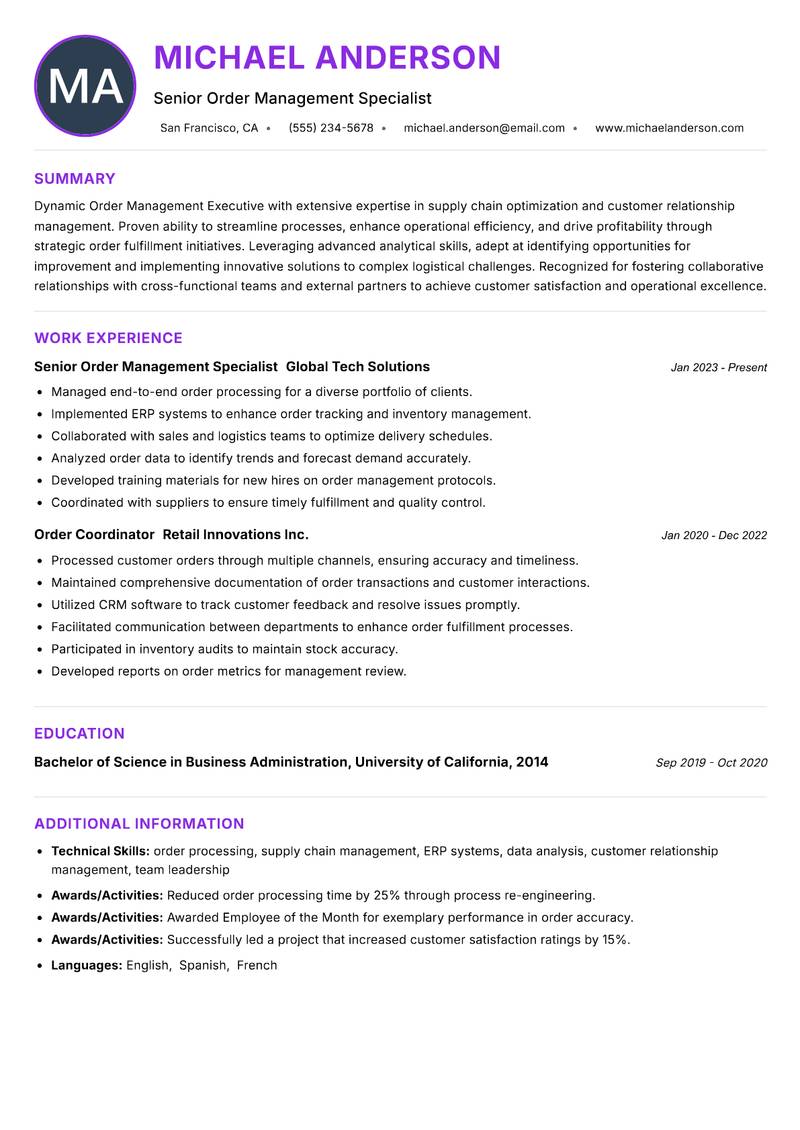 Order Management Executive Resume Preview Example