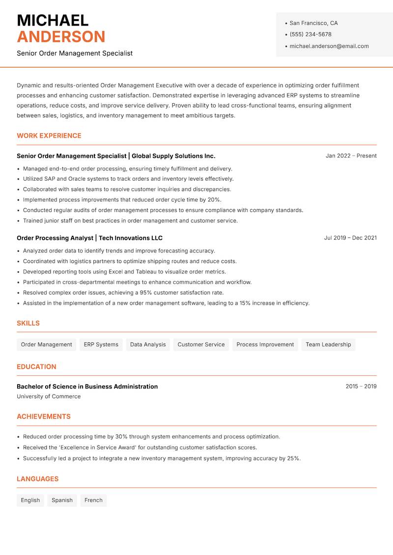 Order Management Executive Resume Template