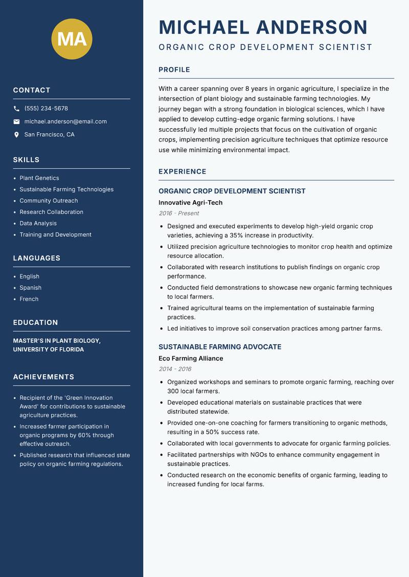 Organic Agriculture Scientist Resume Preview Example