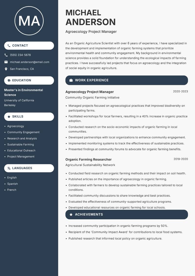 Organic Agriculture Scientist Resume Preview Example