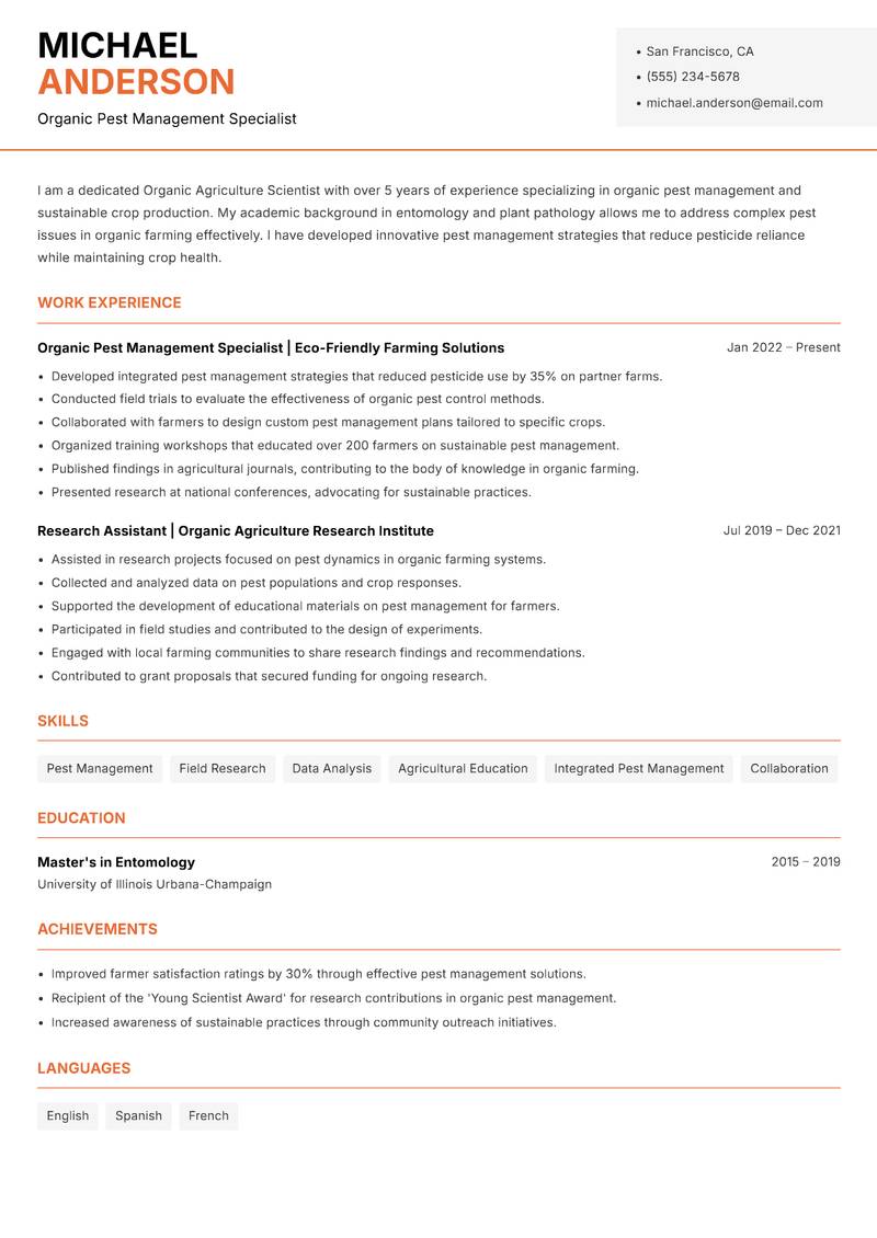 Organic Agriculture Scientist Resume Template