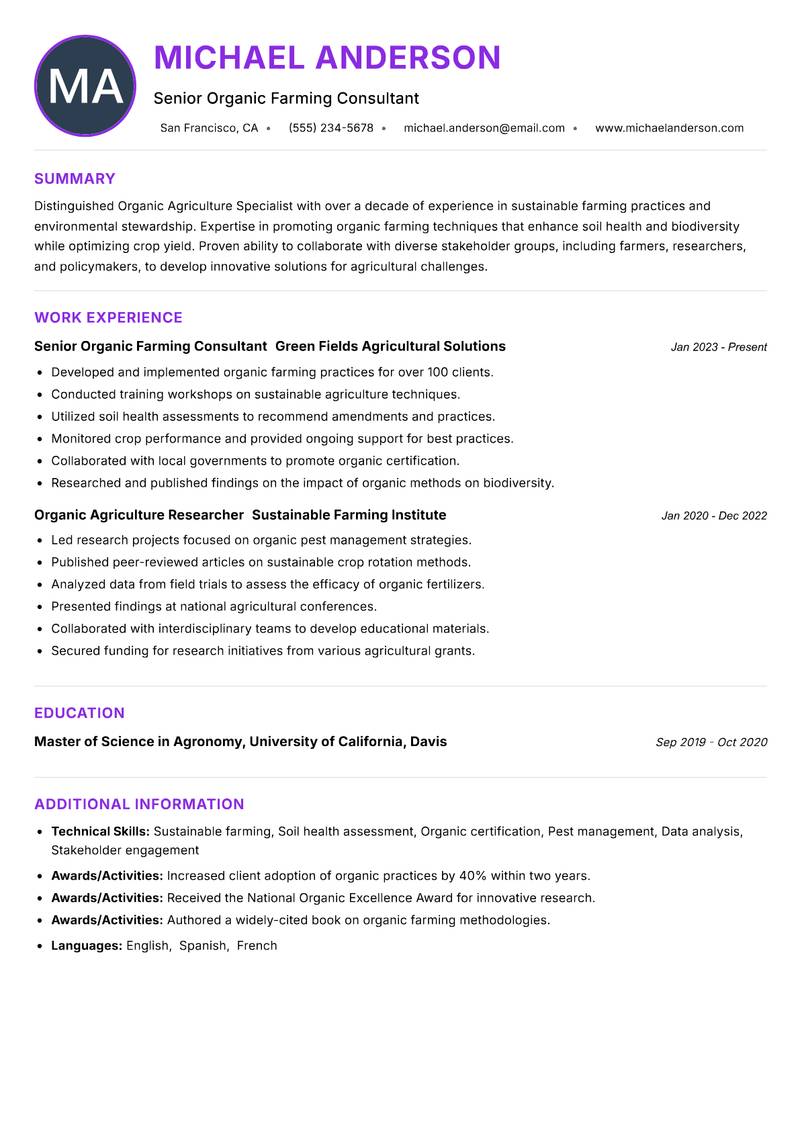 Organic Agriculture Specialist Resume Preview Example