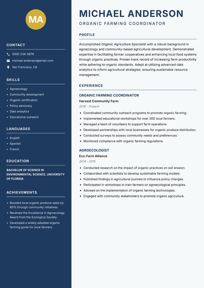 Organic Agriculture Specialist Resume Preview Example