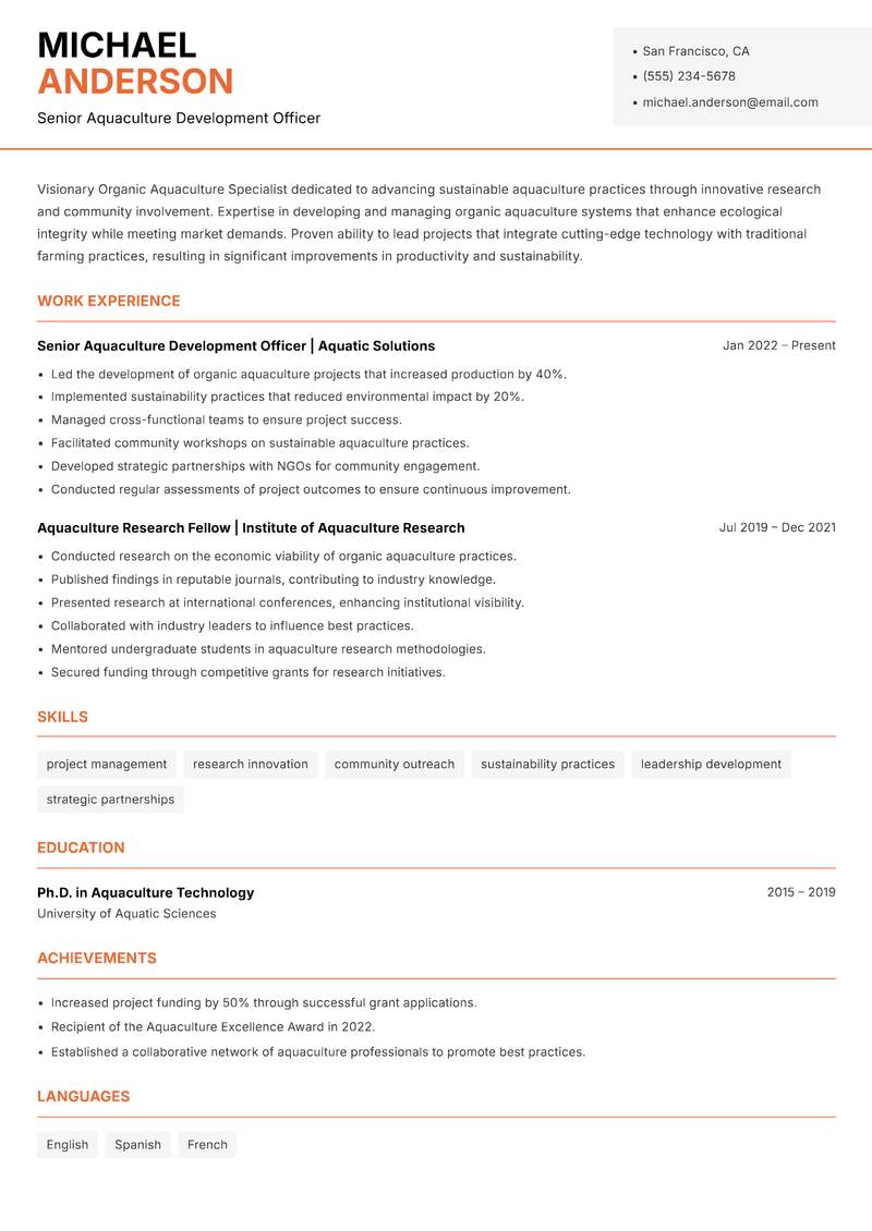 Organic Aquaculture Specialist Resume Template
