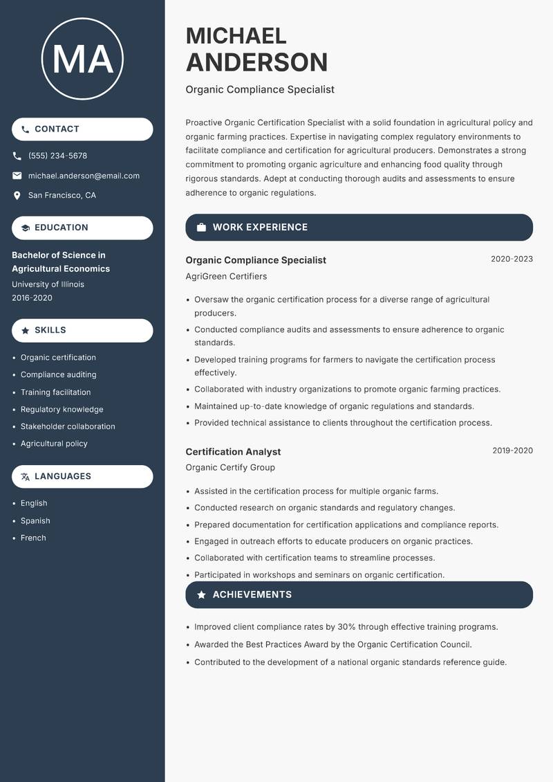 Organic Certification Specialist Resume Preview Example