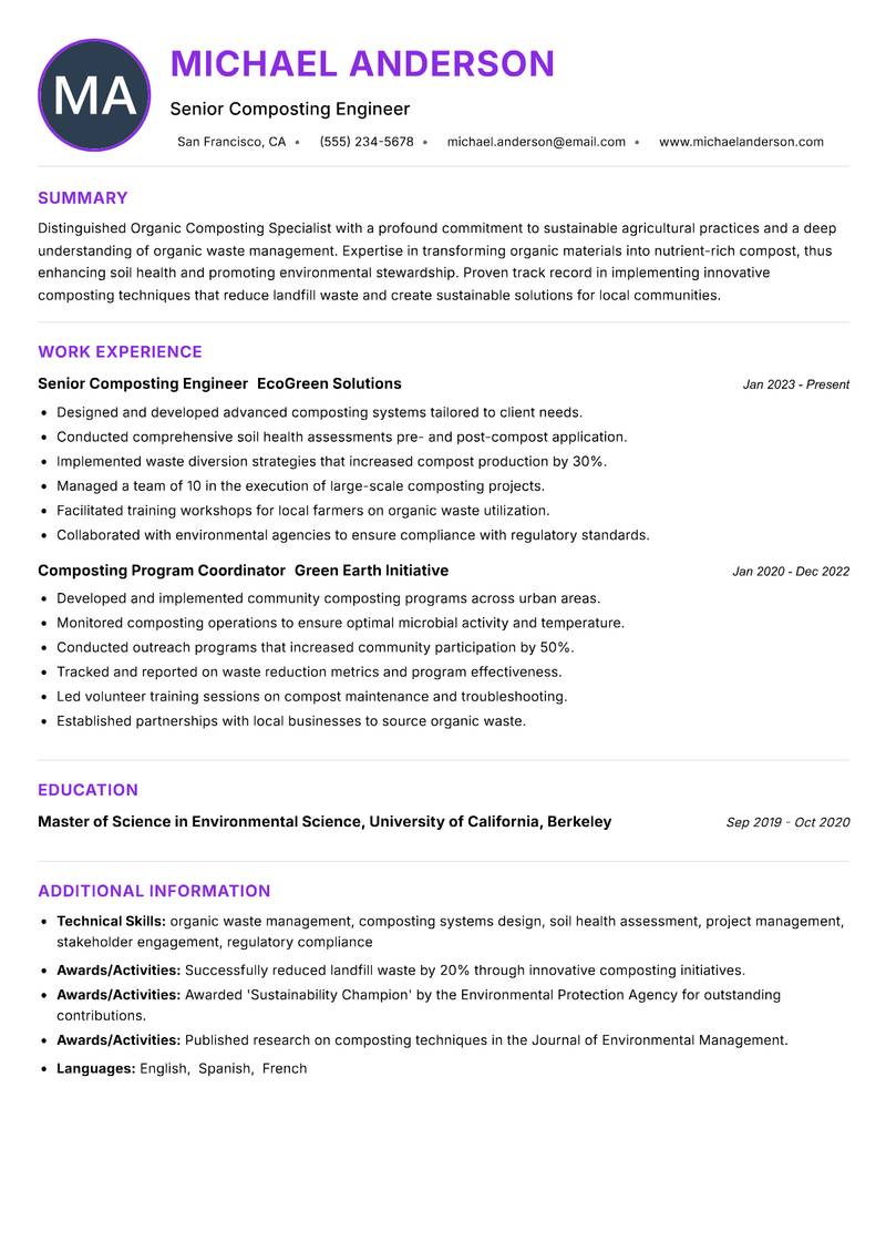 Organic Composting Specialist Resume Preview Example