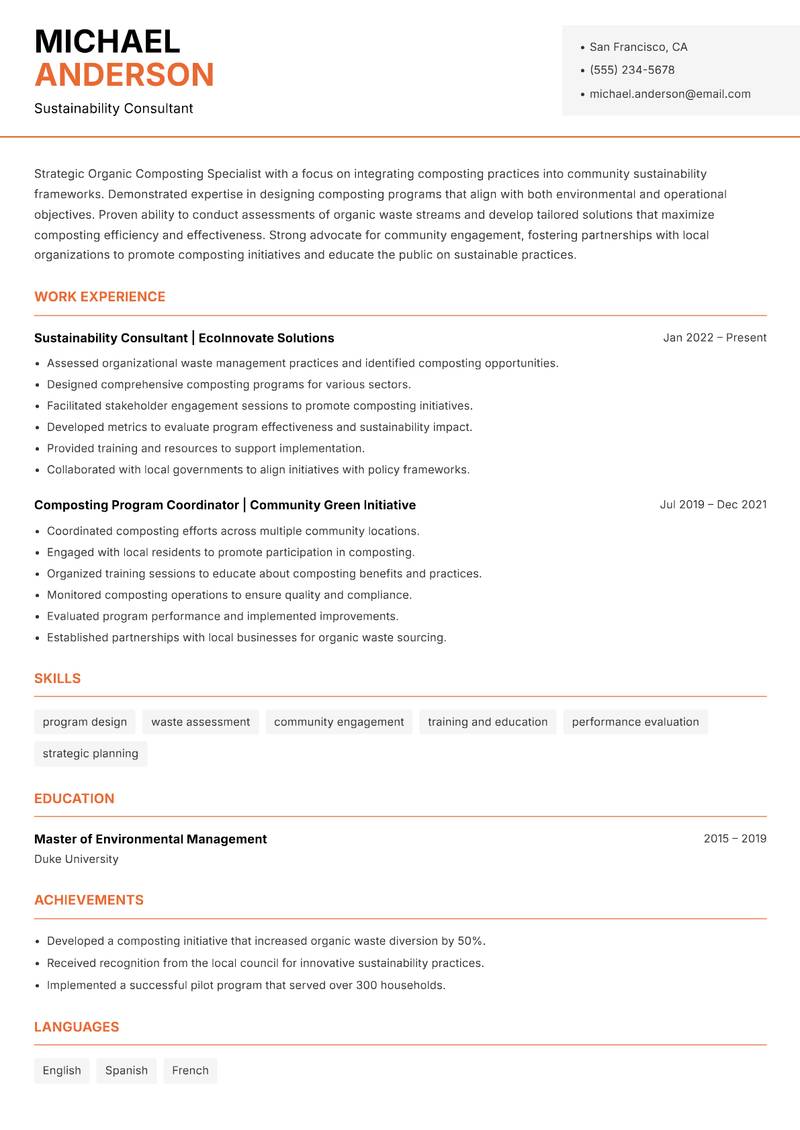 Organic Composting Specialist Resume Template