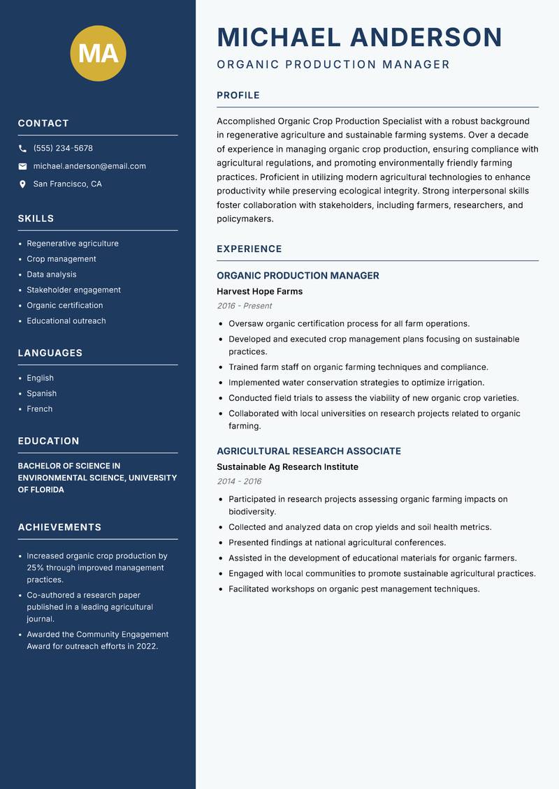 Organic Crop Production Specialist Resume Preview Example