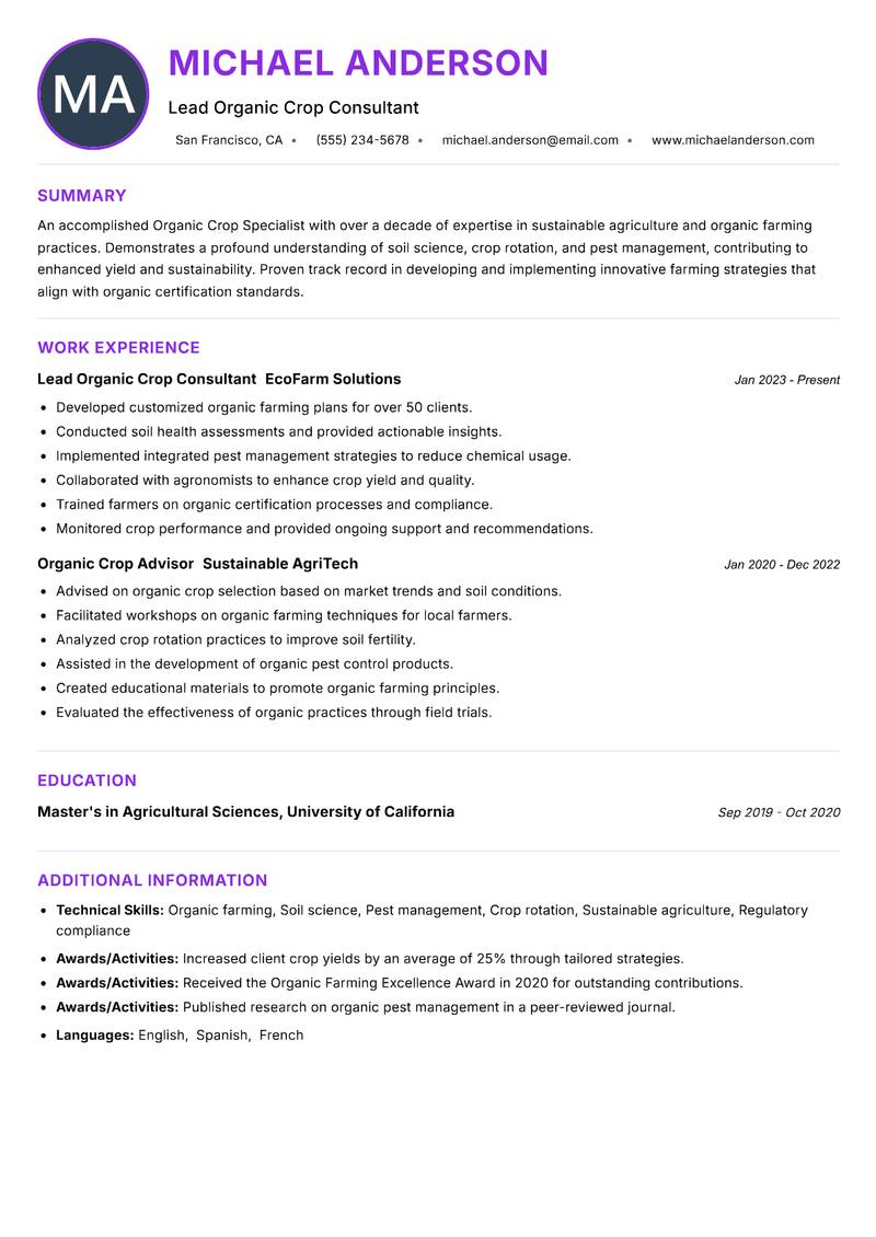 Organic Crop Specialist Resume Preview Example