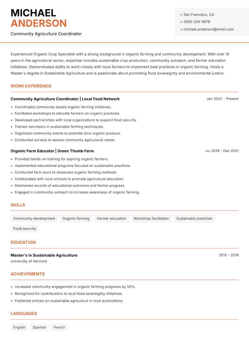 Organic Crop Specialist Resume Template
