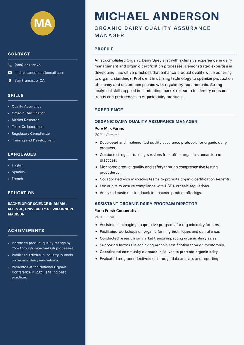Organic Dairy Specialist Resume Preview Example