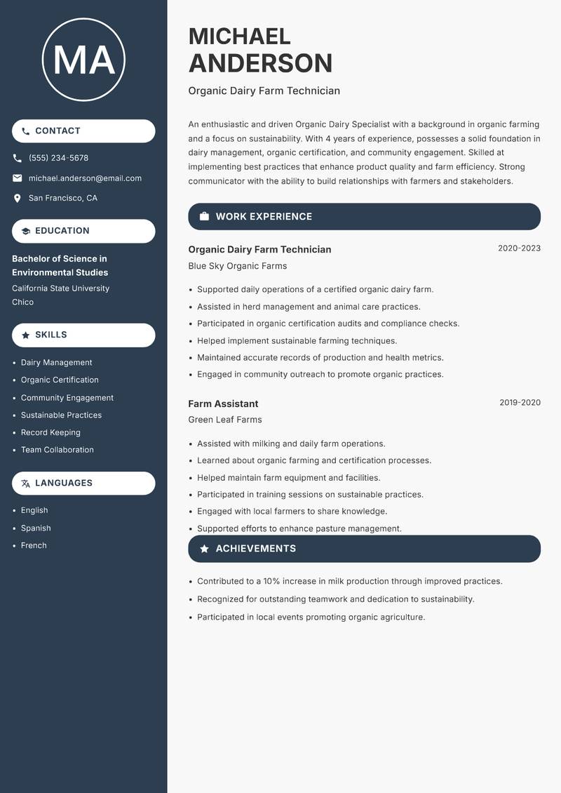Organic Dairy Specialist Resume Preview Example