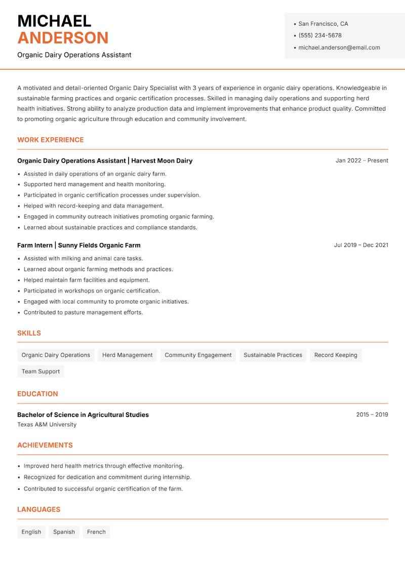 Organic Dairy Specialist Resume Template