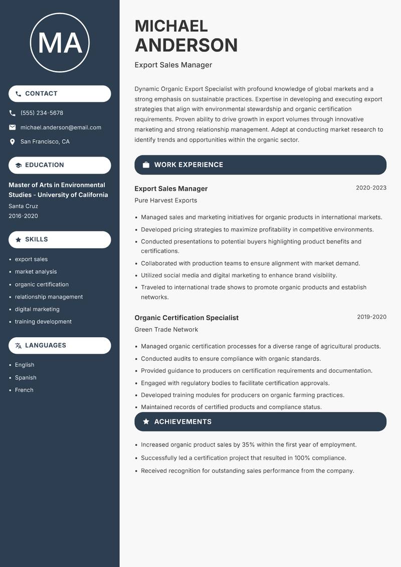 Organic Export Specialist Resume Preview Example
