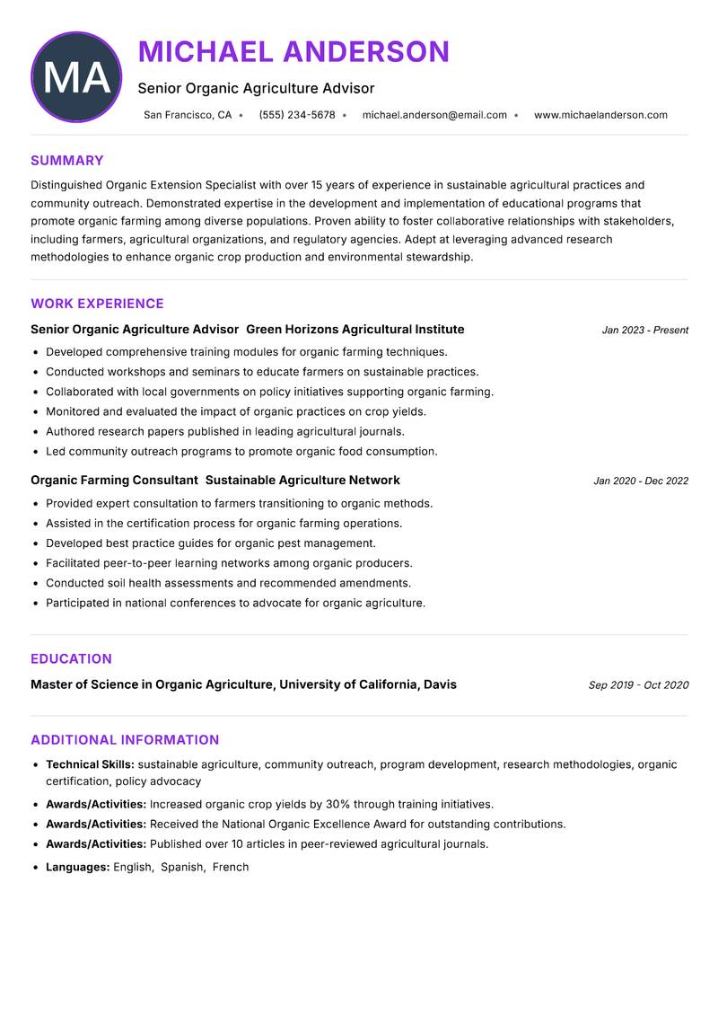 Organic Extension Specialist Resume Preview Example