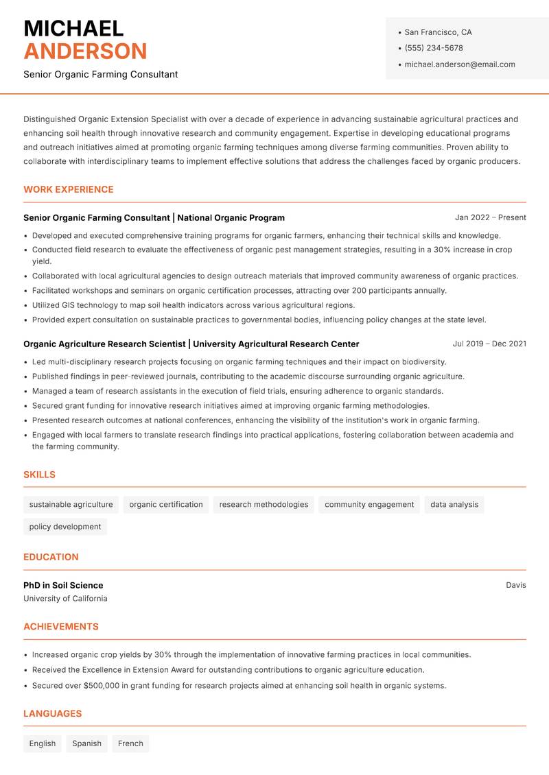 Organic Extension Specialist Resume Template