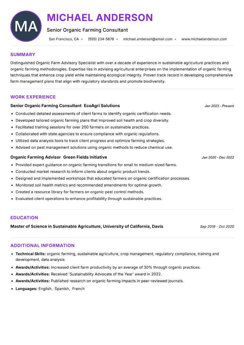 Organic Farm Advisory Specialist Resume Preview Example
