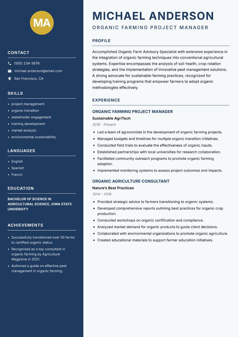 Organic Farm Advisory Specialist Resume Preview Example