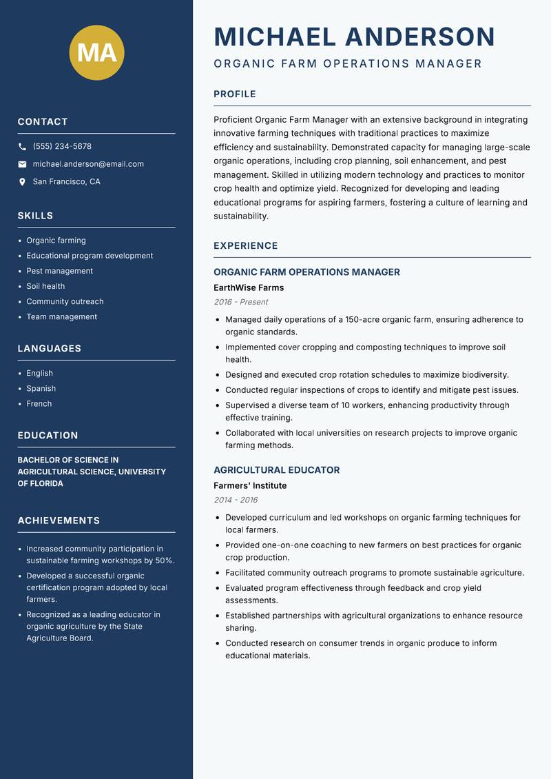 Organic Farm Manager Resume Preview Example