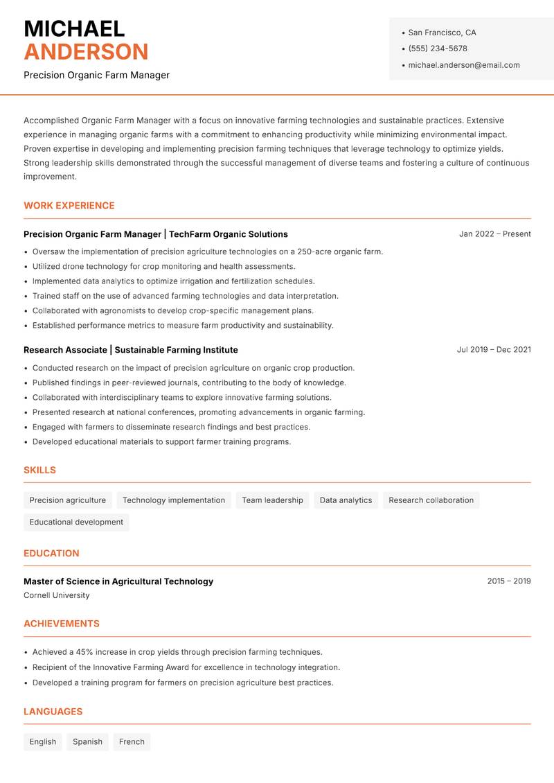 Organic Farm Manager Resume Template