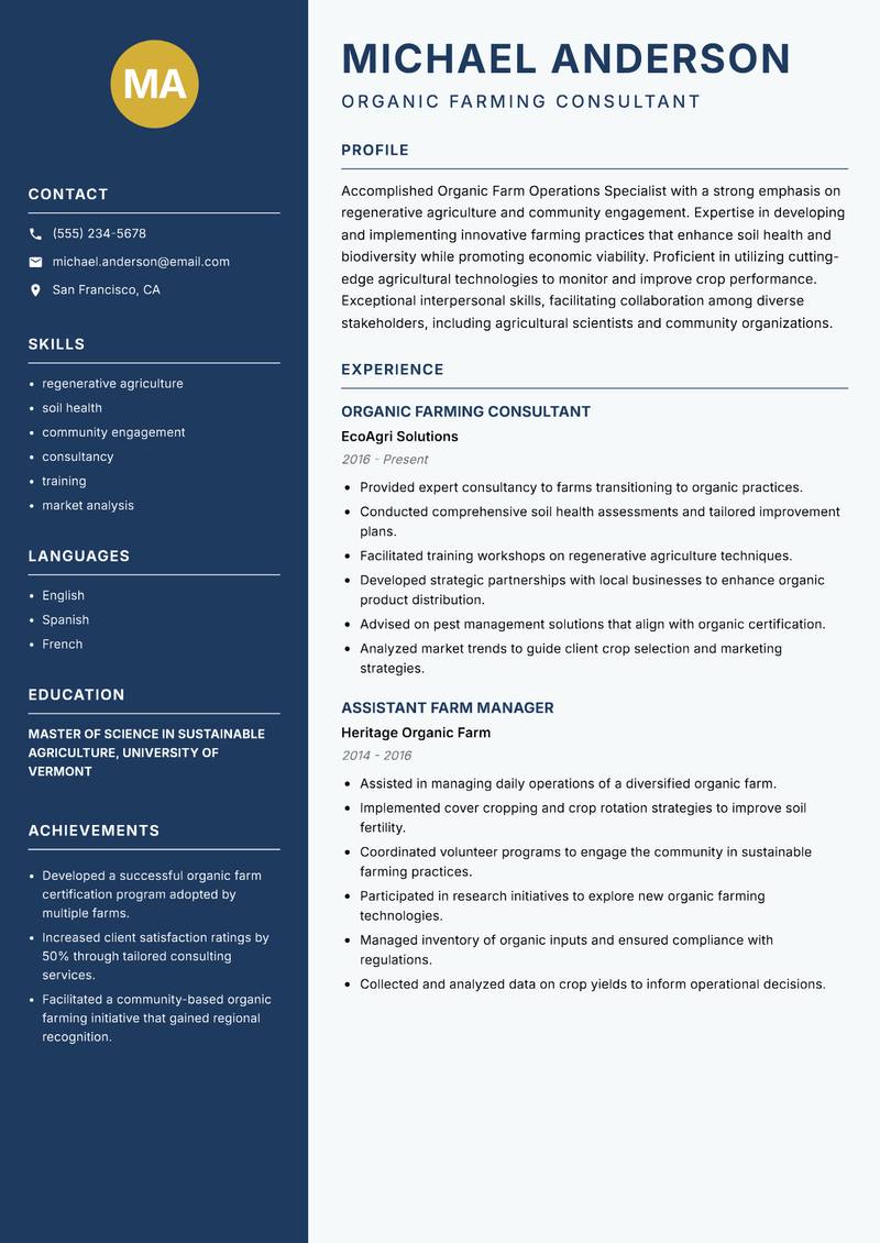 Organic Farm Operations Specialist Resume Preview Example