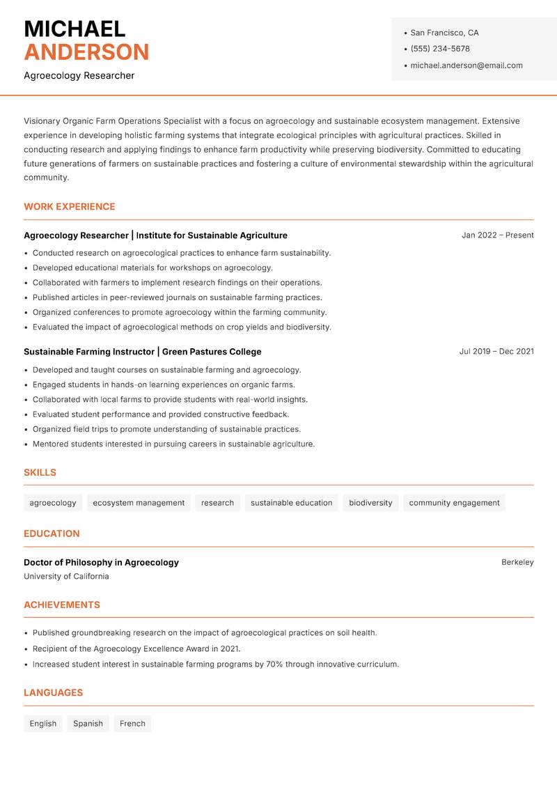 Organic Farm Operations Specialist Resume Template