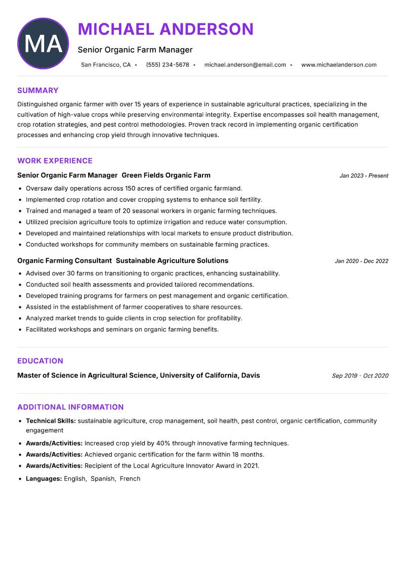 Organic Farmer Resume Preview Example