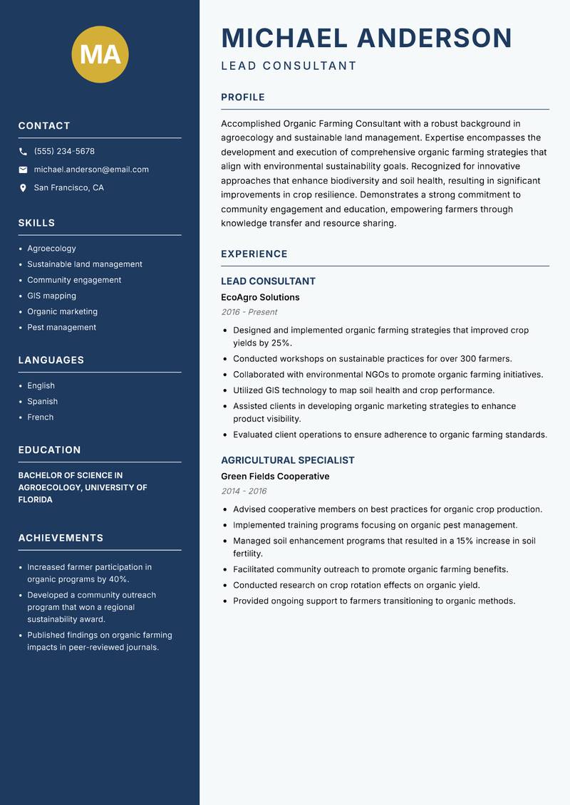 Organic Farming Consultant Resume Preview Example