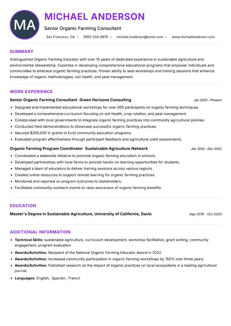 Organic Farming Educator Resume Preview Example