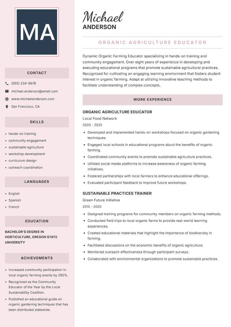 Organic Farming Educator Resume Preview Example