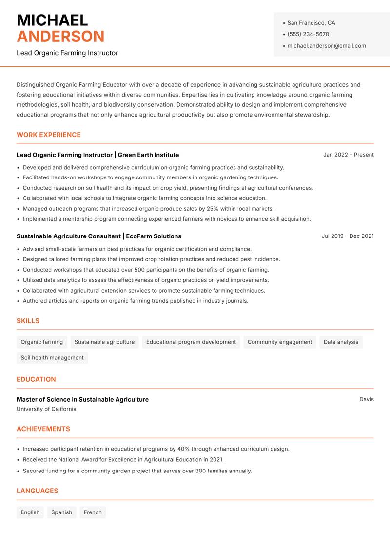Organic Farming Educator Resume Template