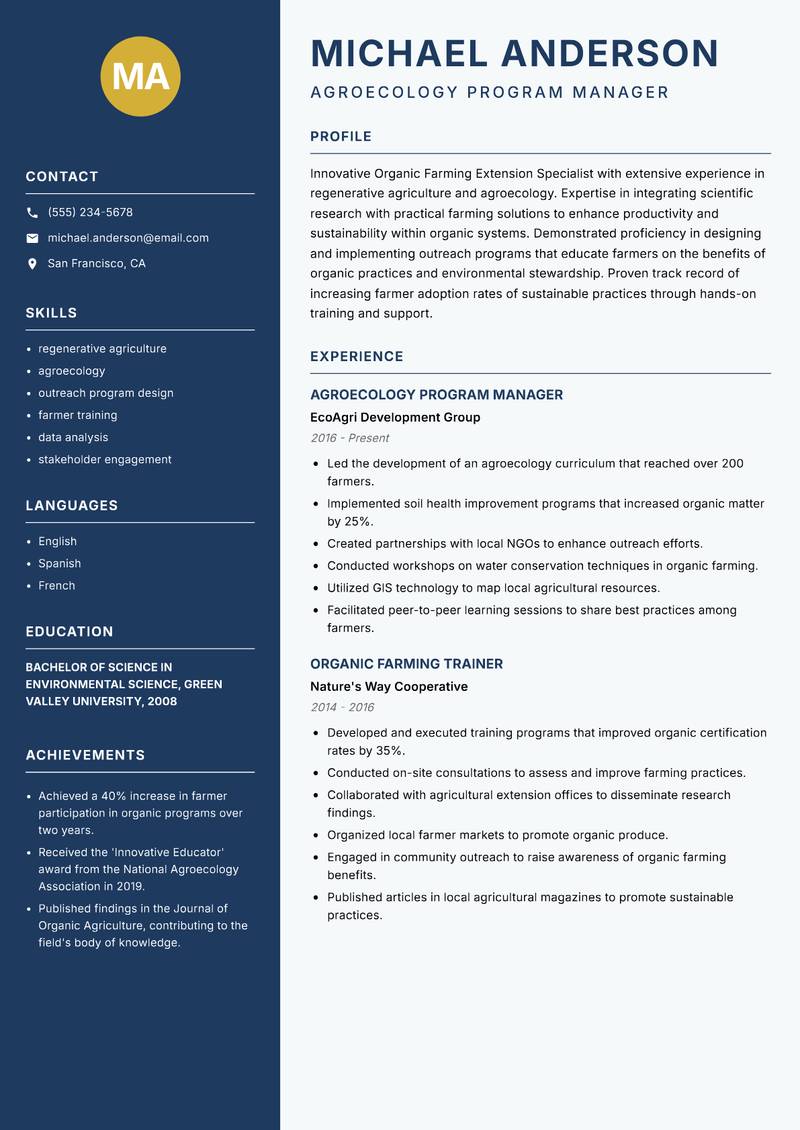 Organic Farming Extension Specialist Resume Preview Example