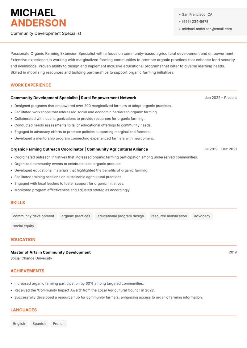 Organic Farming Extension Specialist Resume Template