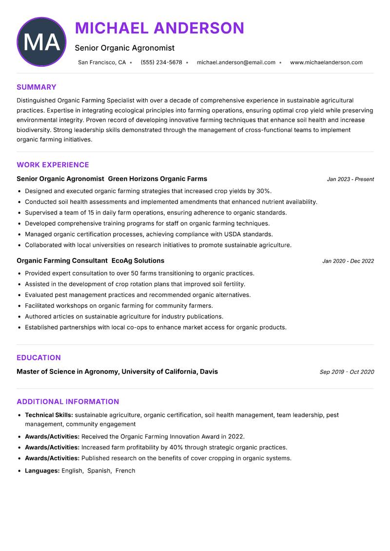 Organic Farming Specialist Resume Preview Example