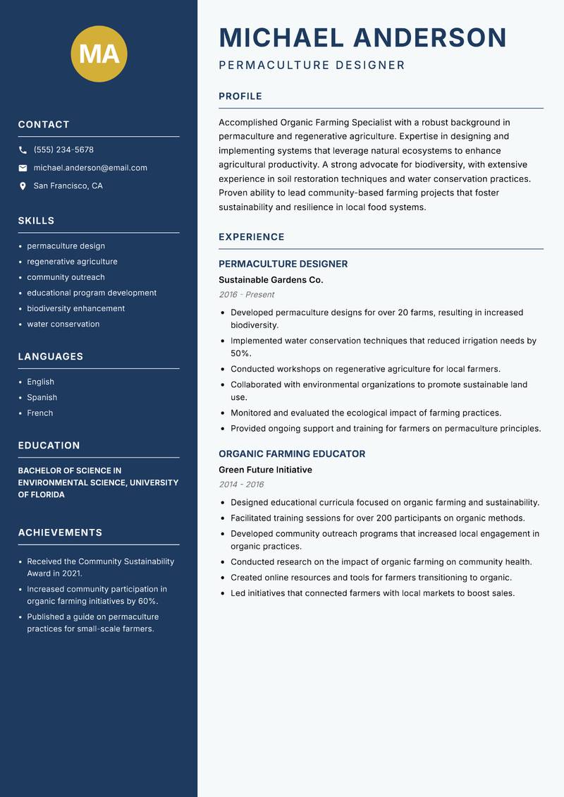 Organic Farming Specialist Resume Preview Example